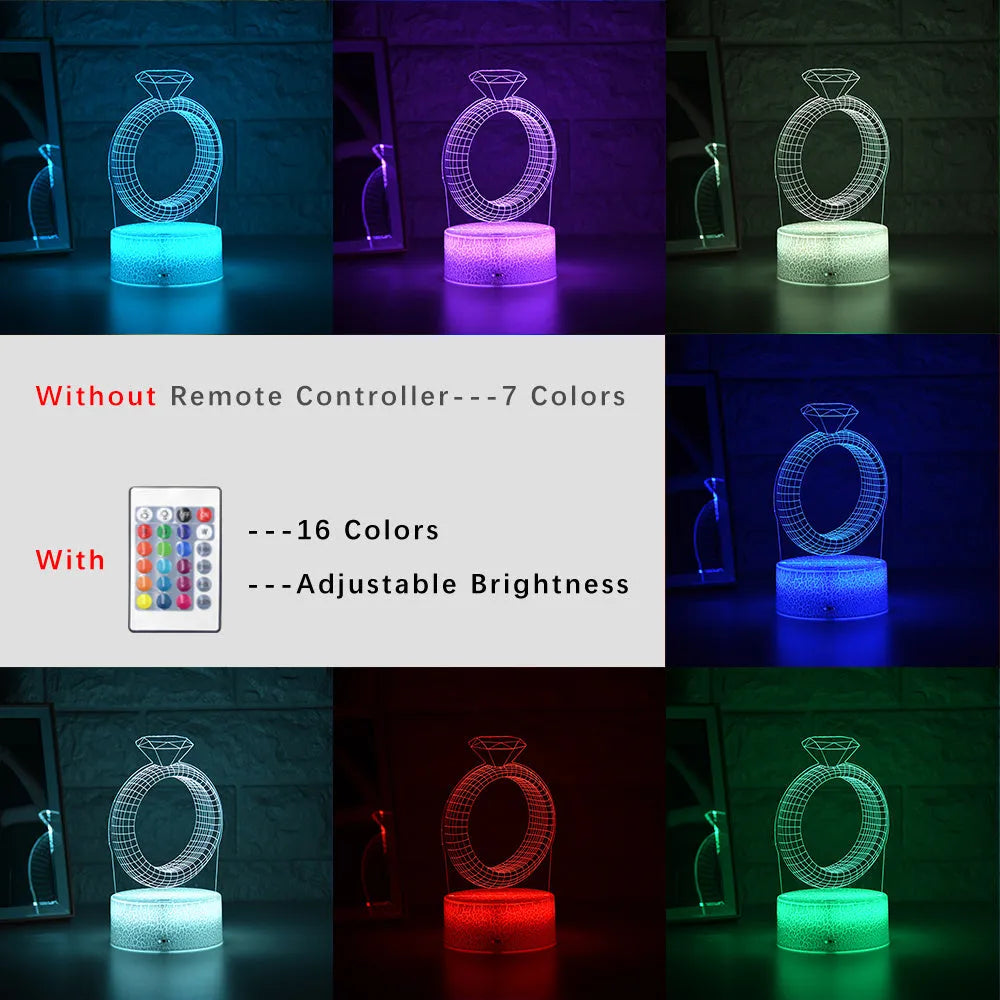 3D LED night light with laser-engraved diamond ring design on colour-changing acrylic panel.