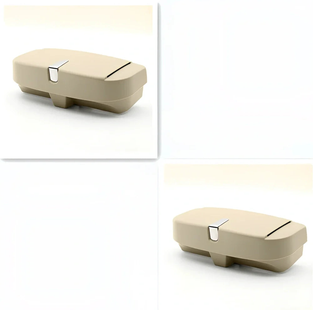 Beige car visor glasses clip, 170mm silver coated steel with electrostatic film, secures sunglasses on sun visor