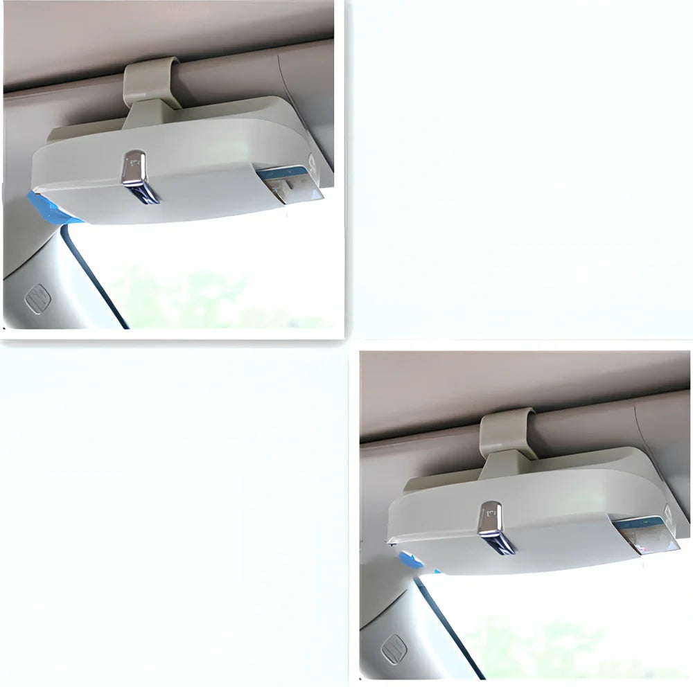 Beige car visor glasses clip, 170mm silver coated steel with electrostatic film, secures sunglasses on sun visor