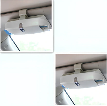 Beige car visor glasses clip, 170mm silver coated steel with electrostatic film, secures sunglasses on sun visor