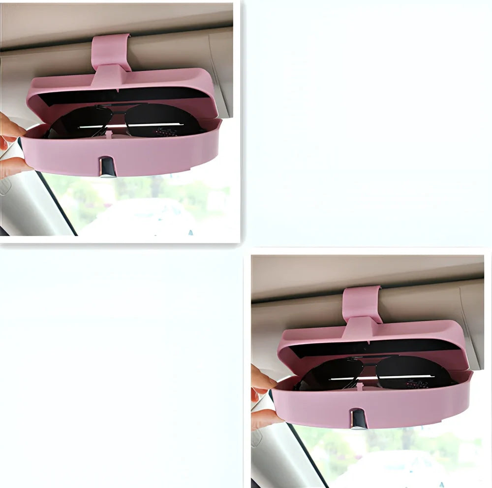 Beige car visor glasses clip, 170mm silver coated steel with electrostatic film, secures sunglasses on sun visor