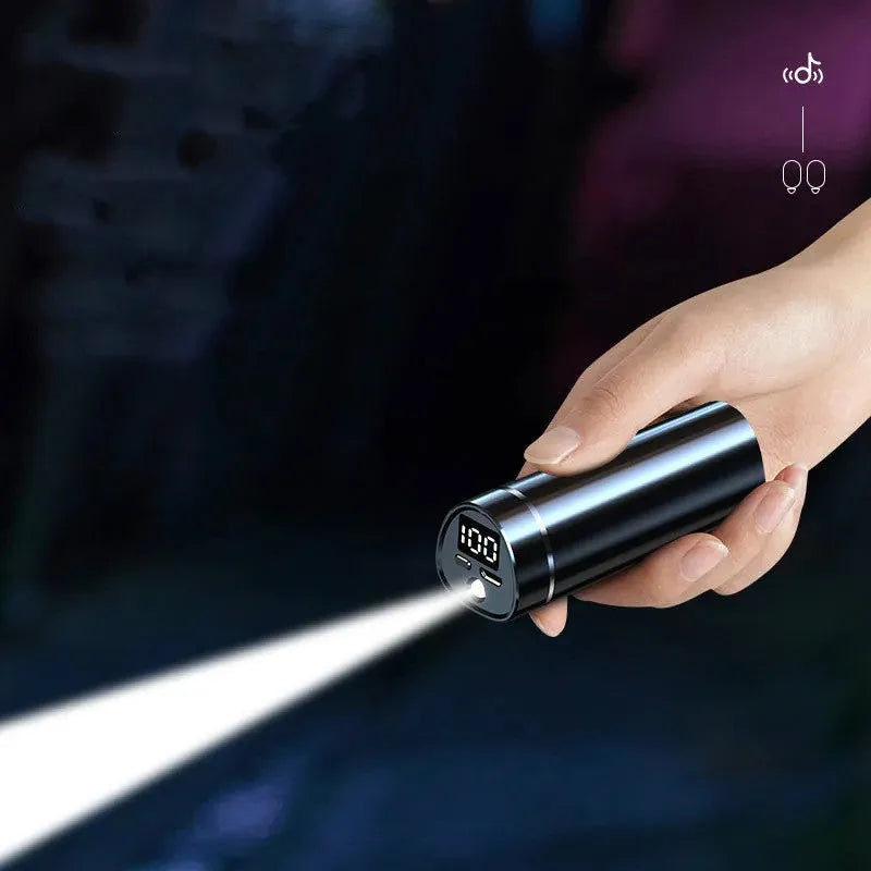 Bluetooth 5.2 cylindrical sports in-ear headset with flashlight, black colour, on white background