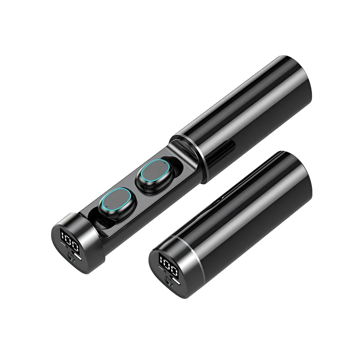 Bluetooth 5.2 cylindrical sports in-ear headset with flashlight, black colour, on white background