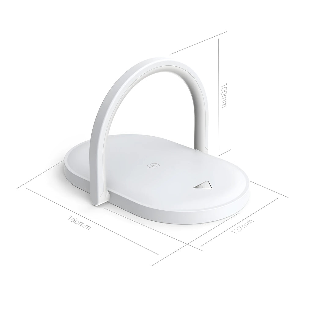 Black and white wireless charger night light with phone holder showing 15W fast charging capability
