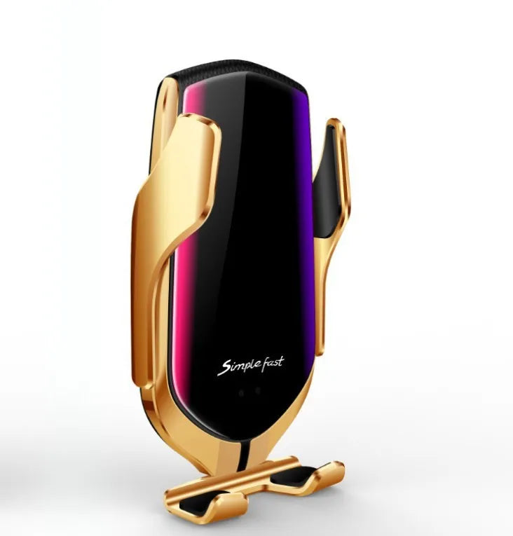 Magic Clip R1 automatic wireless charging car phone holder in gold mounted on car air vent