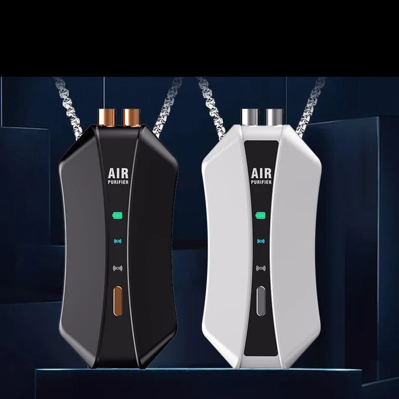 Black and white portable negative ion air purifier necklace style with LCD screen and Type-C port