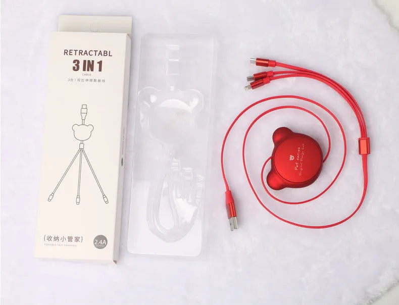 Bear-shaped telescopic USB cable with three connectors extended to 1.2 metres