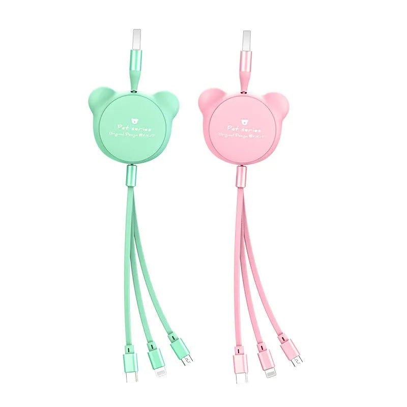 Bear-shaped telescopic USB cable with three connectors extended to 1.2 metres