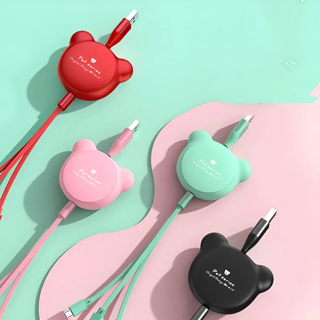 Bear-shaped telescopic USB cable with three connectors extended to 1.2 metres