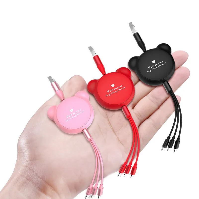 Bear-shaped telescopic USB cable with three connectors extended to 1.2 metres