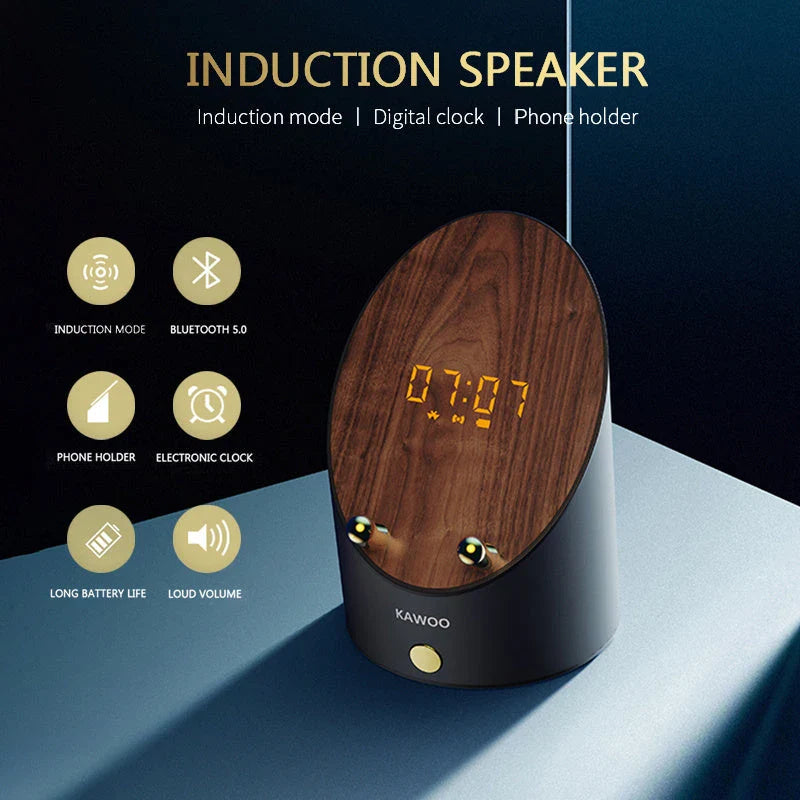 Sleek wooden wireless speaker with induction charging, digital alarm clock, and Bluetooth 5.0 connectivity