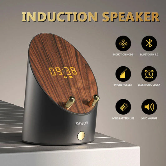 Sleek wooden wireless speaker with induction charging, digital alarm clock, and Bluetooth 5.0 connectivity