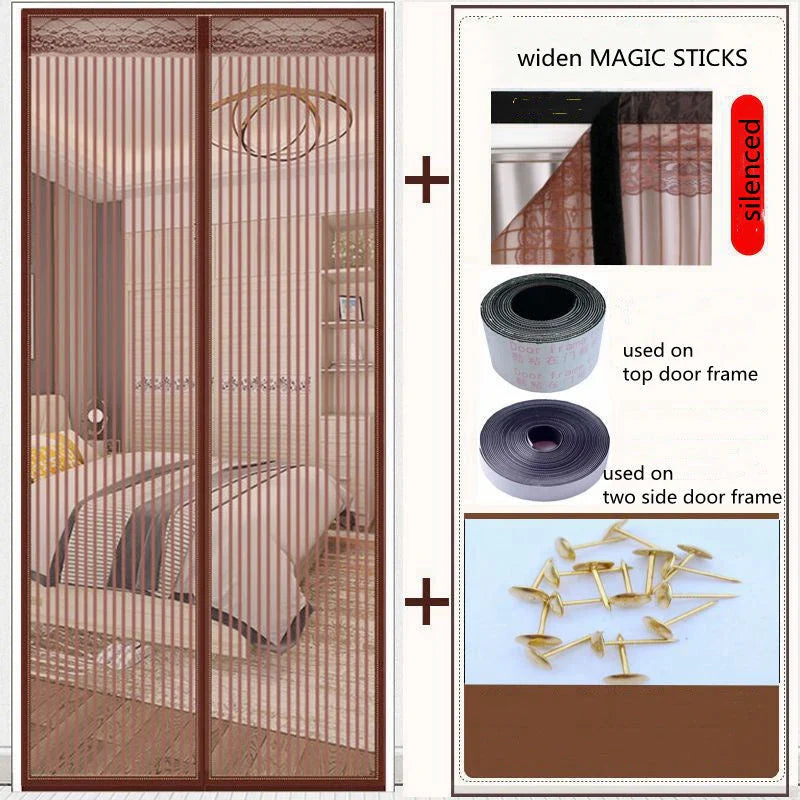 Magnetic door screen curtain with durable polyester mesh and automatic closing mechanism for effective insect protection