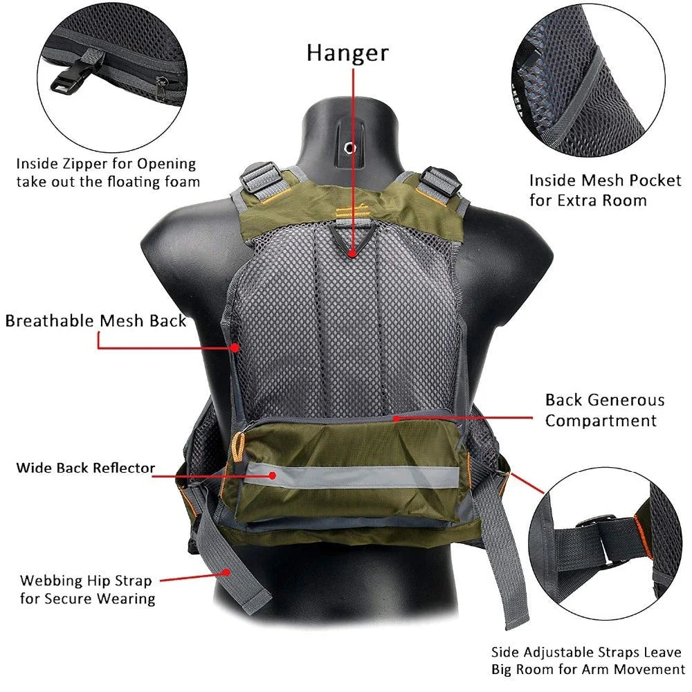 Versatile and durable fishing vest with premium ripstop polyester shell, removable EPE foam for buoyancy, and ample storage pockets