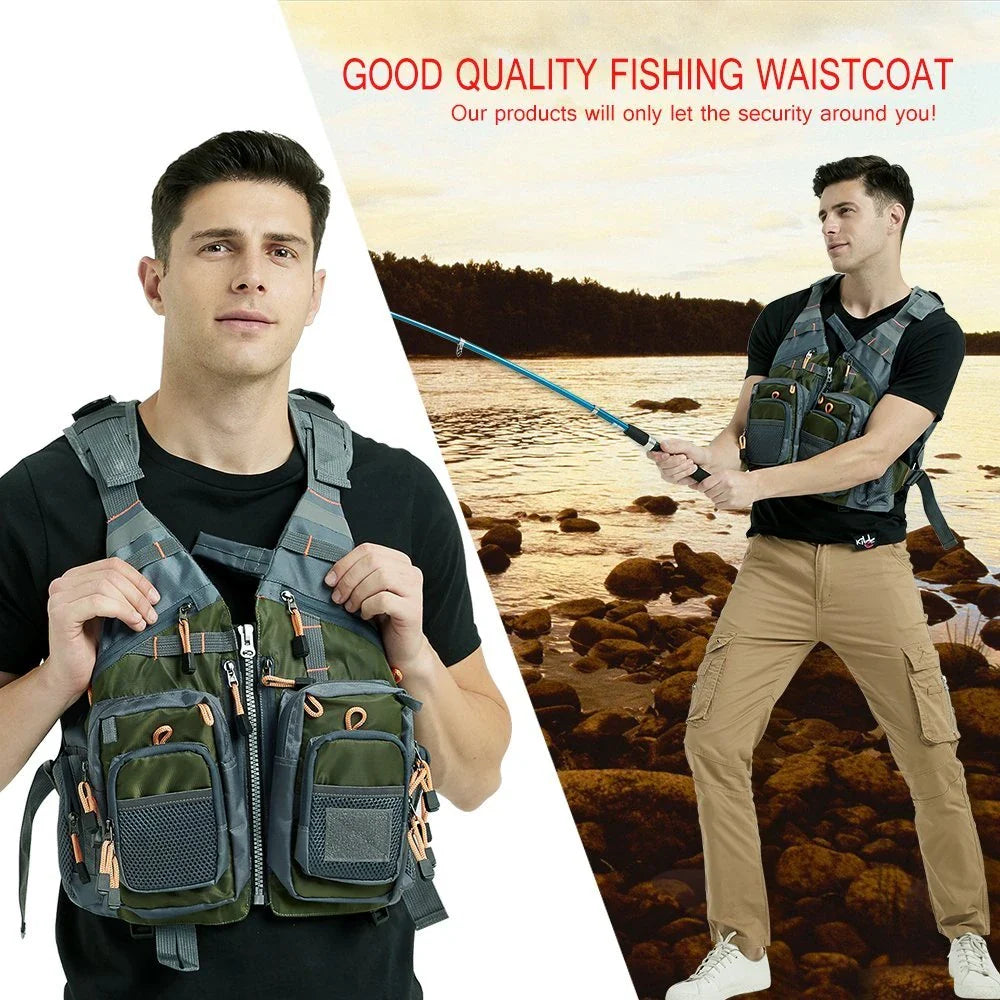 Versatile and durable fishing vest with premium ripstop polyester shell, removable EPE foam for buoyancy, and ample storage pockets