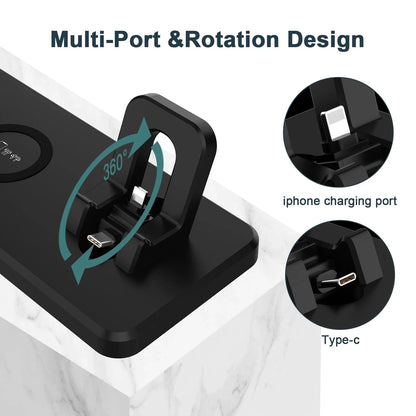 Multifunctional Six-In-One Wireless Charger Bracket in hollow black and hollow white, supporting 15W fast charging for QI-compatible devices