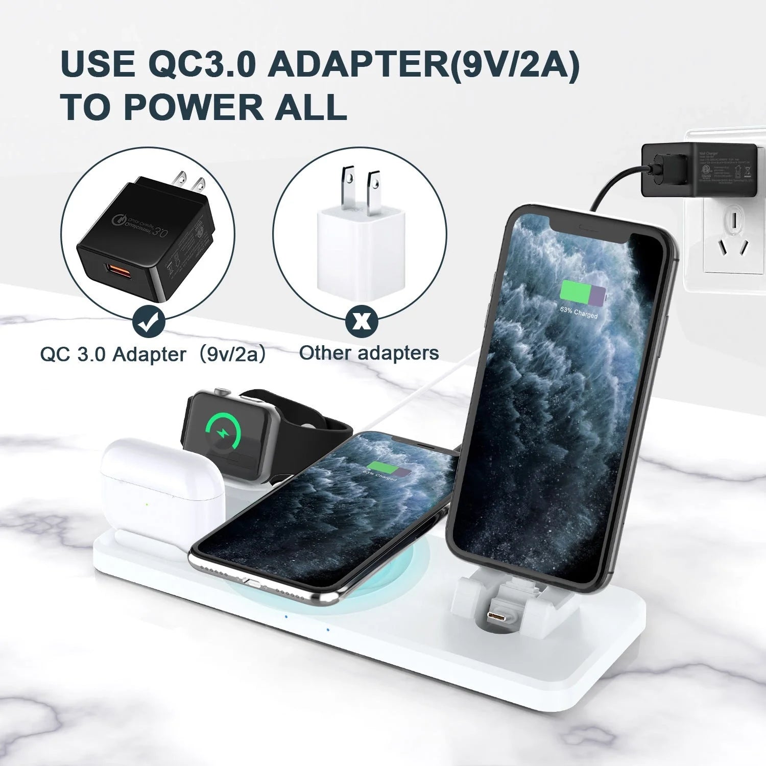 Multifunctional Six-In-One Wireless Charger Bracket in hollow black and hollow white, supporting 15W fast charging for QI-compatible devices