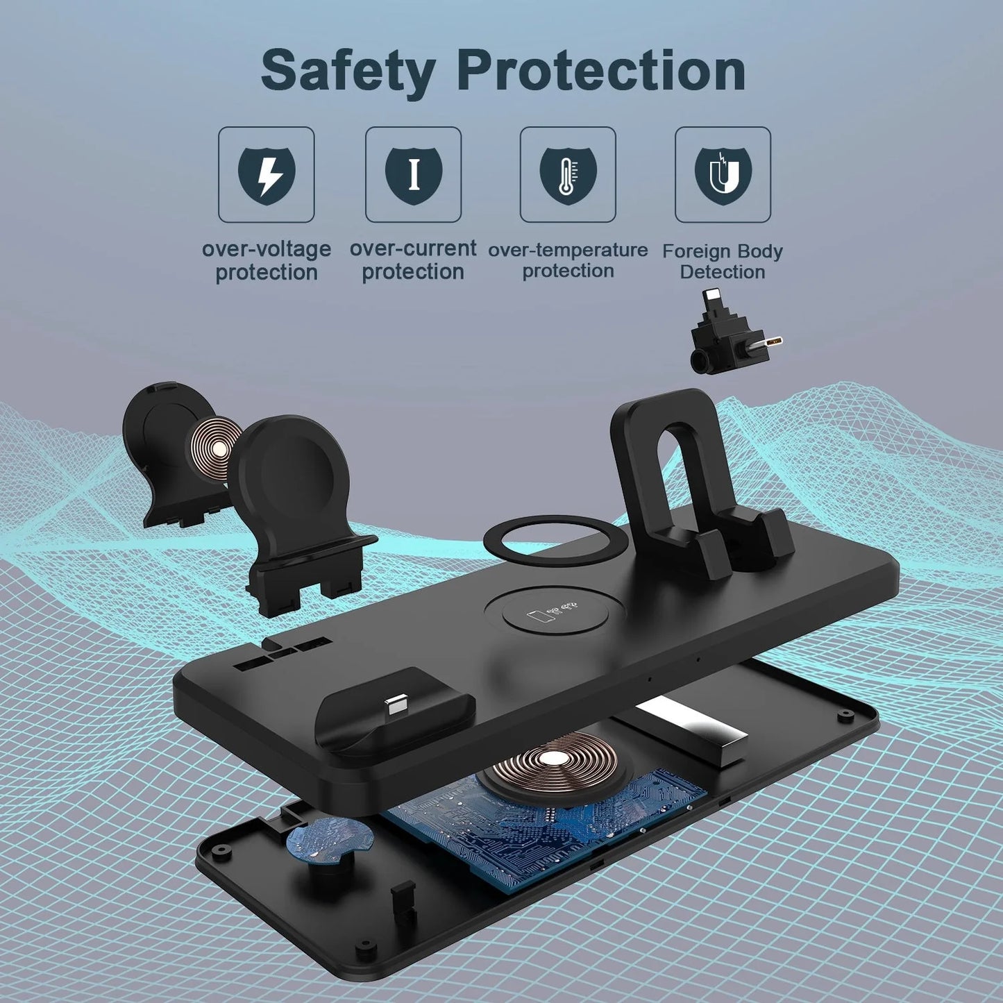 Multifunctional Six-In-One Wireless Charger Bracket in hollow black and hollow white, supporting 15W fast charging for QI-compatible devices