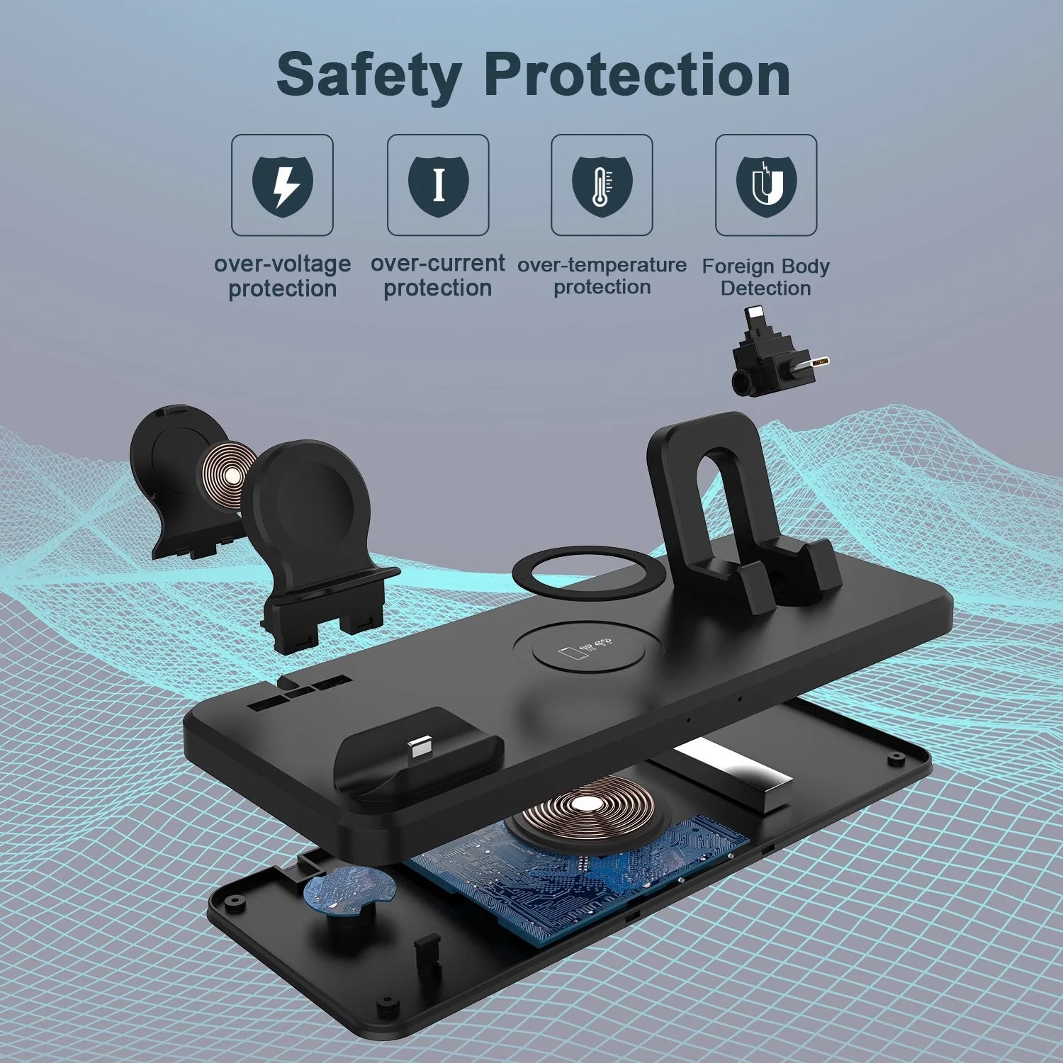Multifunctional Six-In-One Wireless Charger Bracket in hollow black and hollow white, supporting 15W fast charging for QI-compatible devices