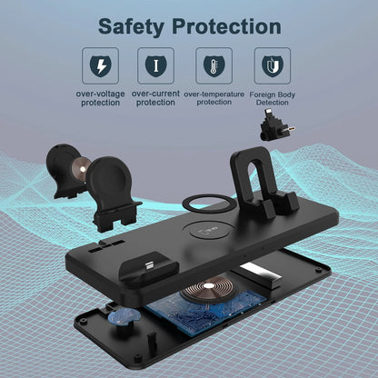 Multifunctional Six-In-One Wireless Charger Bracket in hollow black and hollow white, supporting 15W fast charging for QI-compatible devices