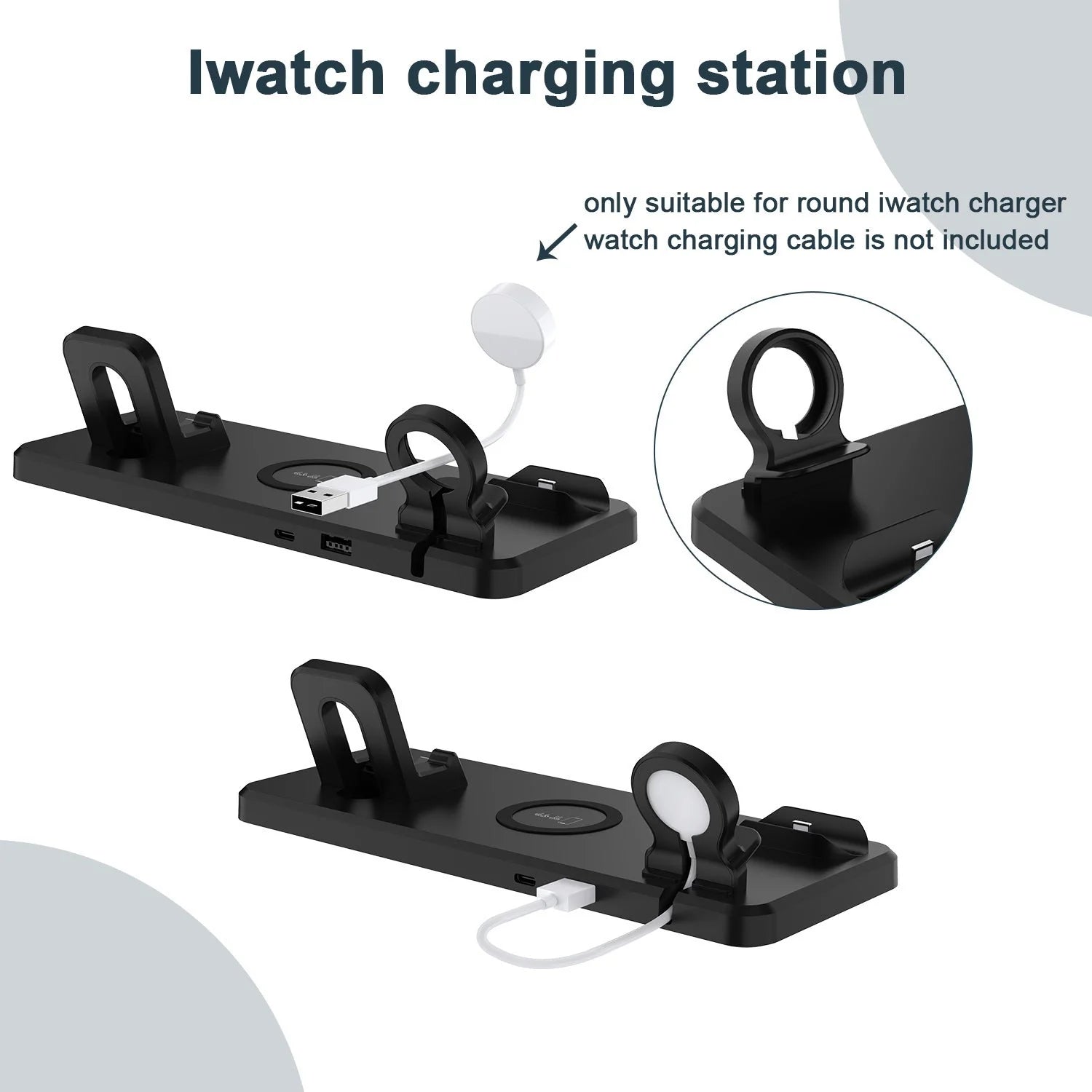 Multifunctional Six-In-One Wireless Charger Bracket in hollow black and hollow white, supporting 15W fast charging for QI-compatible devices