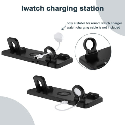 Multifunctional Six-In-One Wireless Charger Bracket in hollow black and hollow white, supporting 15W fast charging for QI-compatible devices