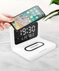 Wireless charger alarm clock with calendar display and temperature monitoring in black colour option