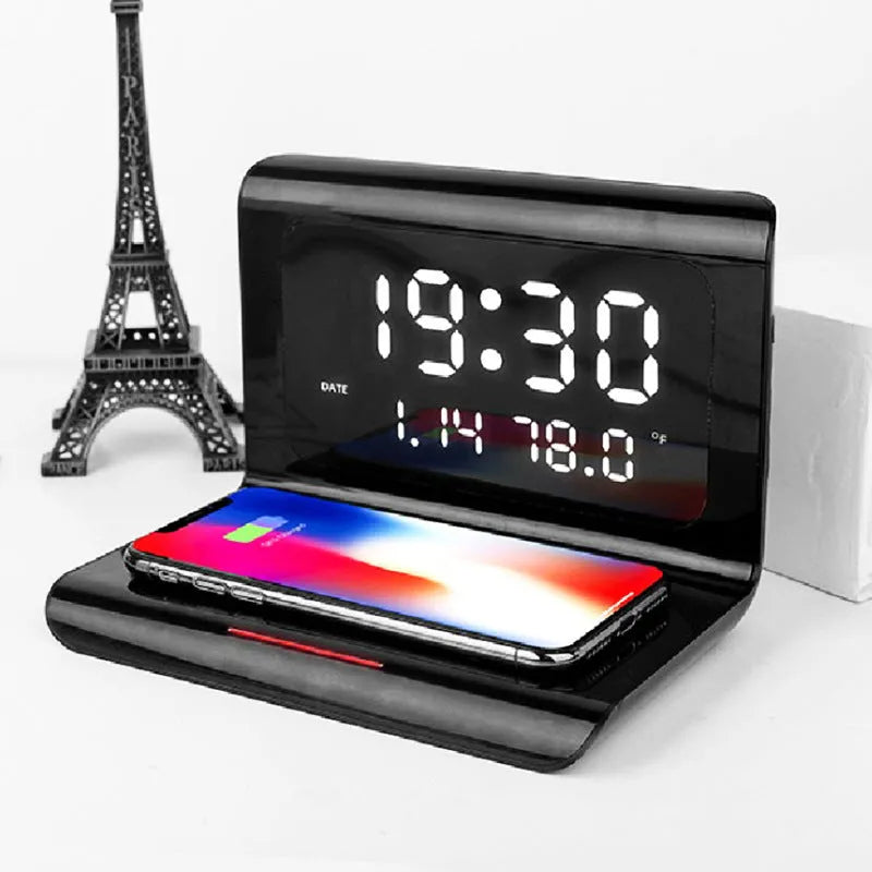 Wireless charger alarm clock with calendar display and temperature monitoring in black colour option