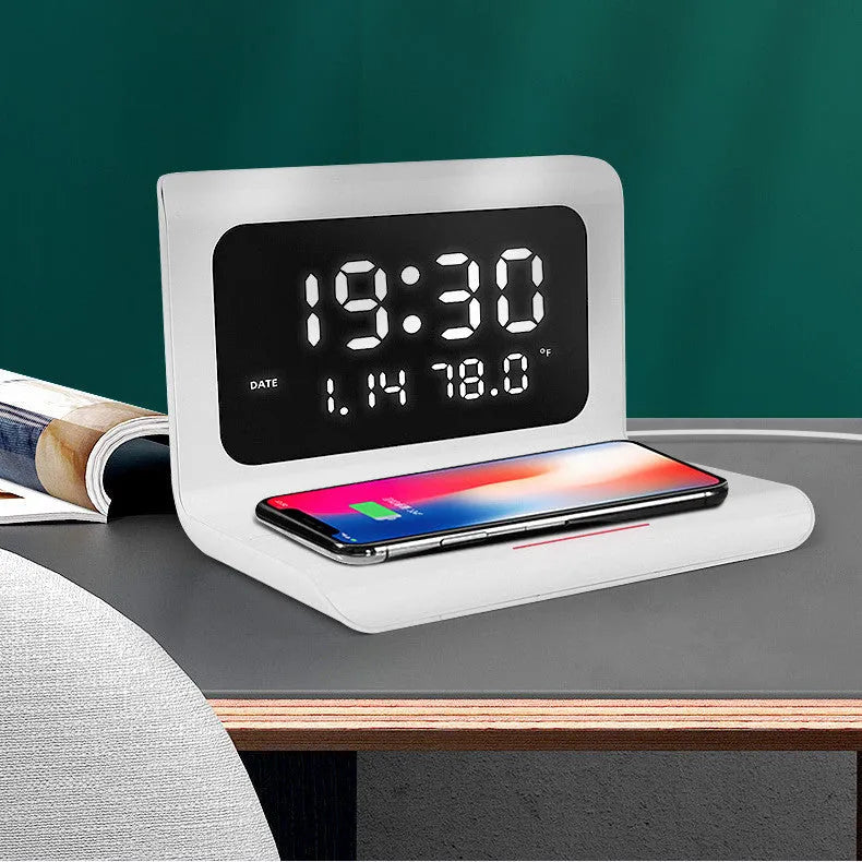 Wireless charger alarm clock with calendar display and temperature monitoring in black colour option