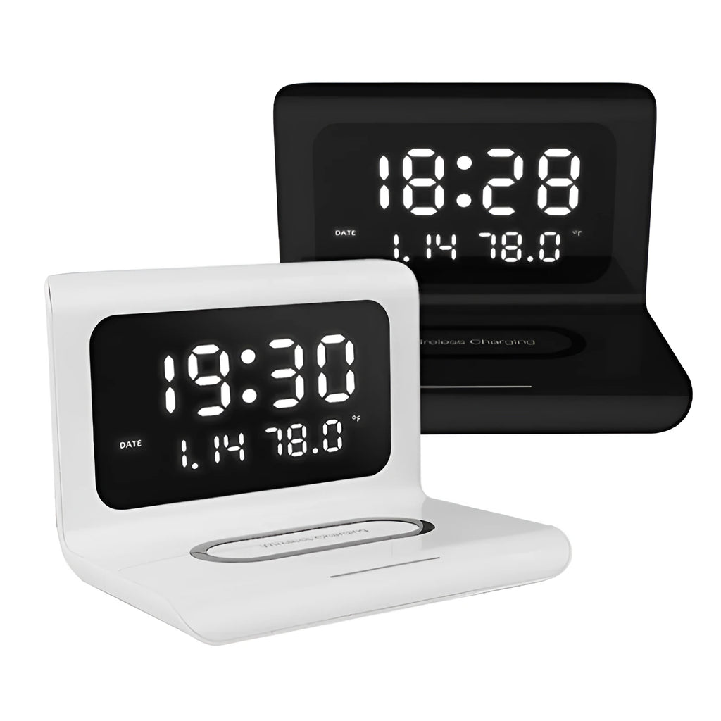 Wireless charger alarm clock with calendar display and temperature monitoring in black colour option