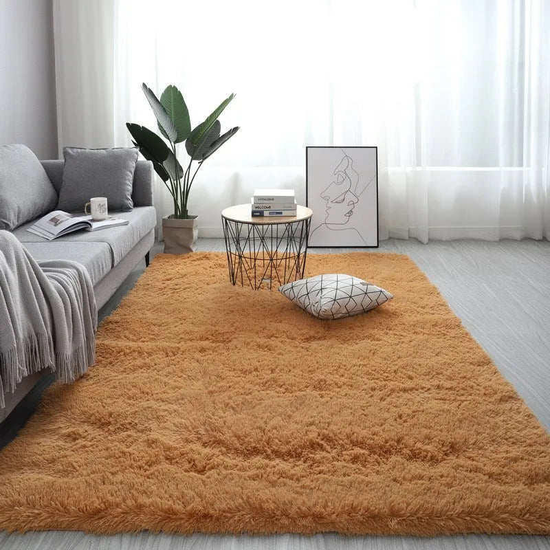 Nordic fluffy plush rectangular carpet with anti-slip base in beige colour on wooden floor
