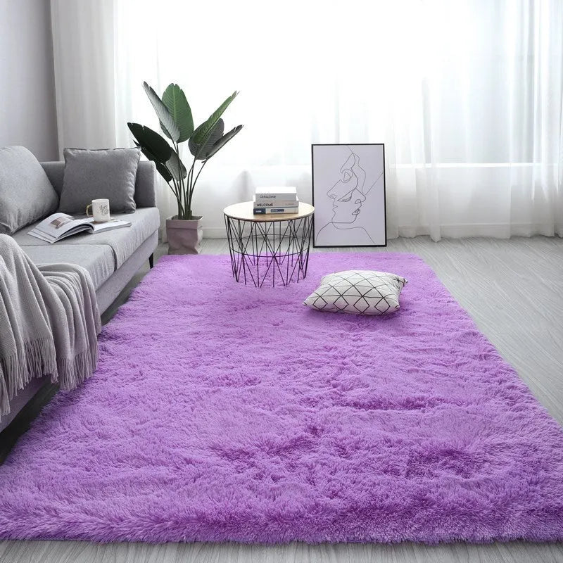Nordic fluffy plush rectangular carpet with anti-slip base in beige colour on wooden floor