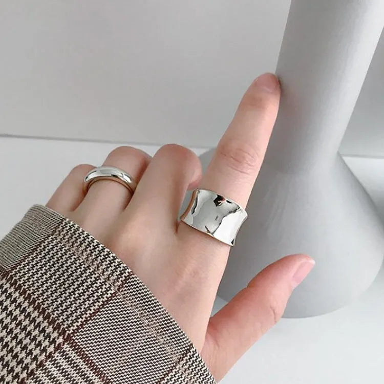 Big wide geometric 925 silver ring with adjustable opening, silver finish, on finger