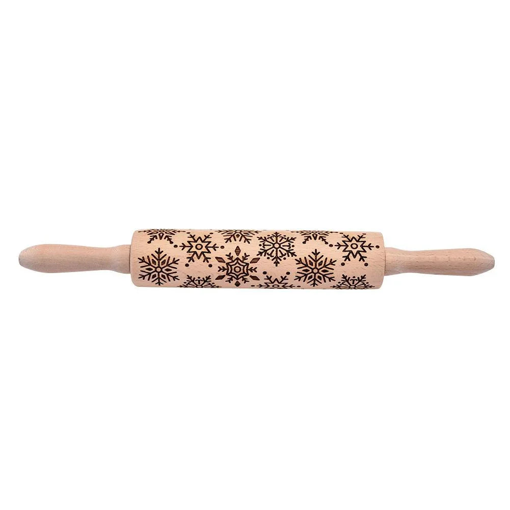 Christmas Snowflake Rolling Pin with detailed engraving on natural hardwood