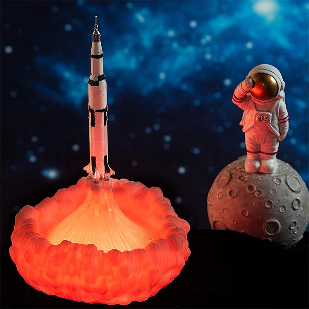 A 3D-printed rocket-shaped night light with adjustable LED lighting, made from eco-friendly PLA material