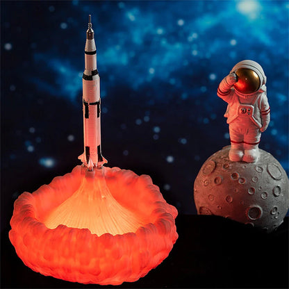 A 3D-printed rocket-shaped night light with adjustable LED lighting, made from eco-friendly PLA material