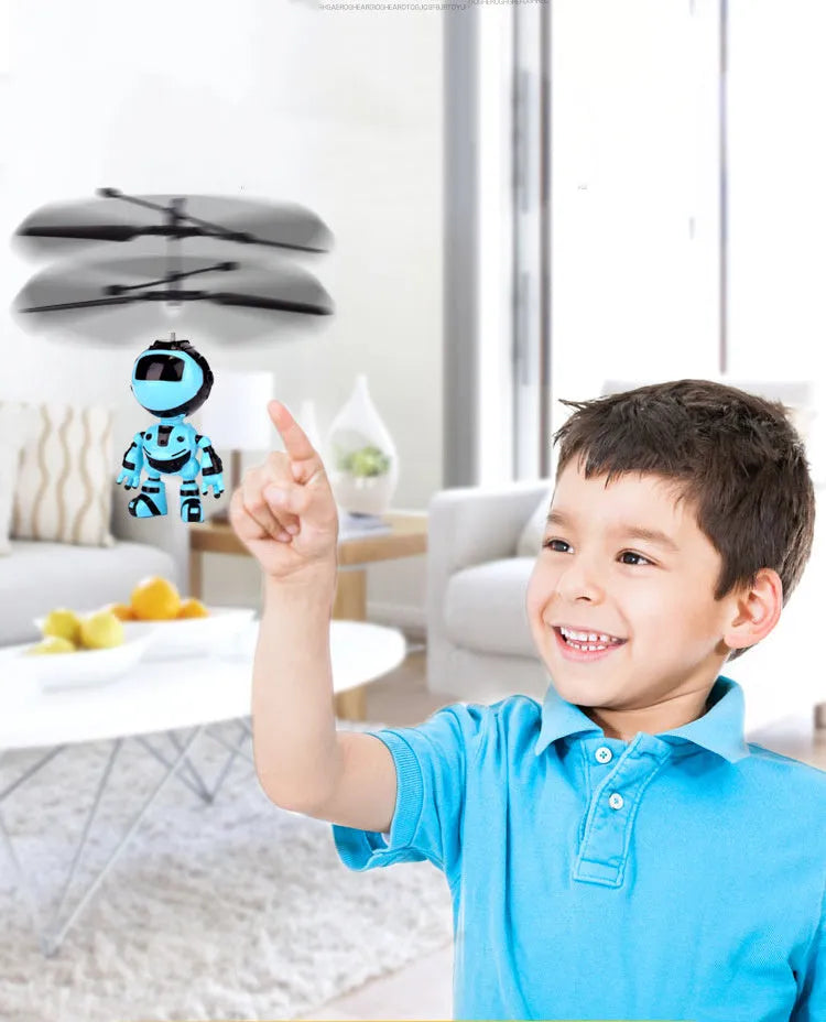 Blue plastic floating robot toy with rechargeable lighting for night market stall display, 17cm tall, USB charging