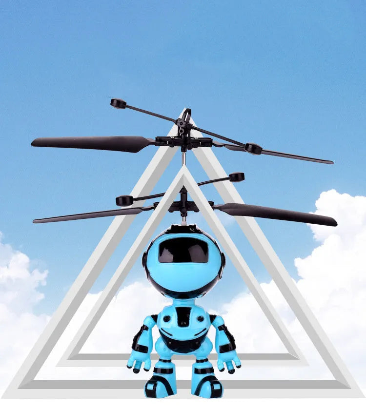 Blue plastic floating robot toy with rechargeable lighting for night market stall display, 17cm tall, USB charging
