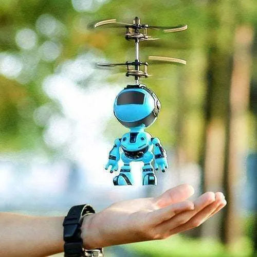 Blue plastic floating robot toy with rechargeable lighting for night market stall display, 17cm tall, USB charging