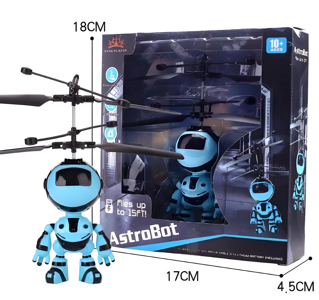 Blue plastic floating robot toy with rechargeable lighting for night market stall display, 17cm tall, USB charging