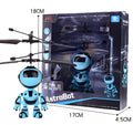 Blue plastic floating robot toy with rechargeable lighting for night market stall display, 17cm tall, USB charging