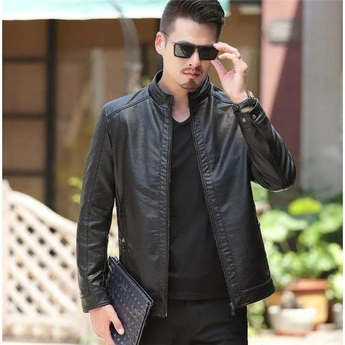 Men's loose fit hooded oblique zipper winter biker jacket in brown artificial leather