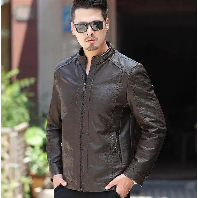 Men's loose fit hooded oblique zipper winter biker jacket in brown artificial leather