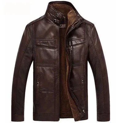 Men's loose fit hooded oblique zipper winter biker jacket in brown artificial leather