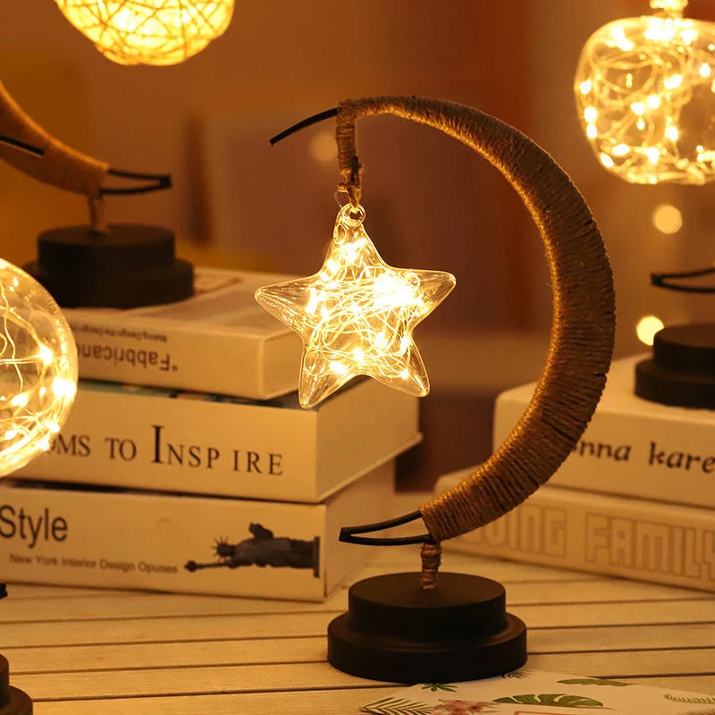 Moon Light LED Copper Wire Lamp with star and apple glass pendants