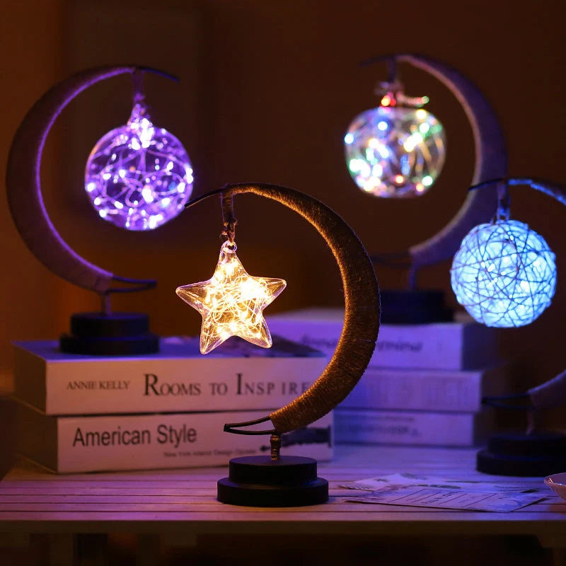 Moon Light LED Copper Wire Lamp with star and apple glass pendants