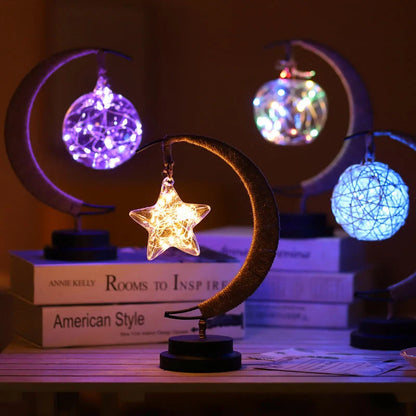 Moon Light LED Copper Wire Lamp with star and apple glass pendants