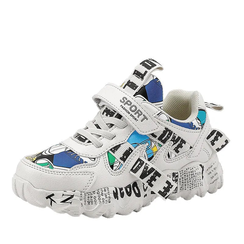 Children's Velcro sports sneakers in beige blue with thick rubber soles