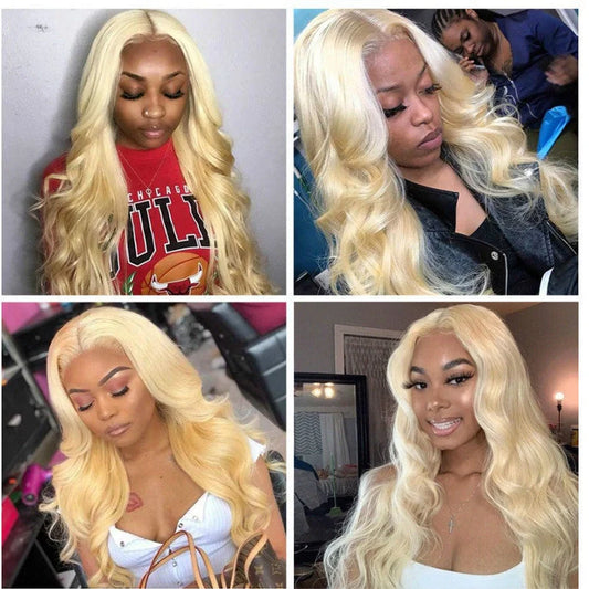 Blonde Brazilian body wave human hair wig with transparent lace front and pre-plucked hairline, showing 68cm length waves