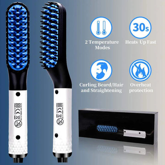 Versatile hair straightener brush with MCH heating technology, ceramic teeth, and two temperature settings for the modern Kiwi man